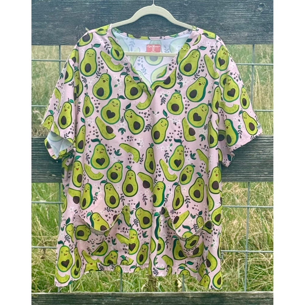Ava Therese Pink Avocado Print Scrub Top Womens 5XL V-Neck HLGM Short Sleeve